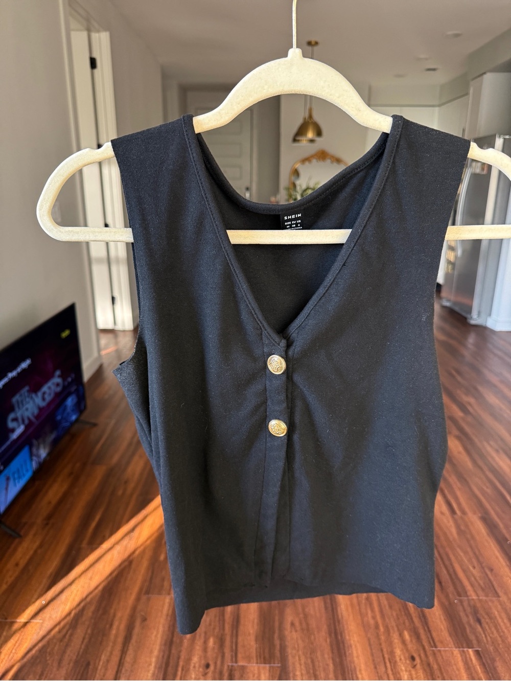 SHEIN Black V-Neck Sleeveless Tank with Gold Buttons